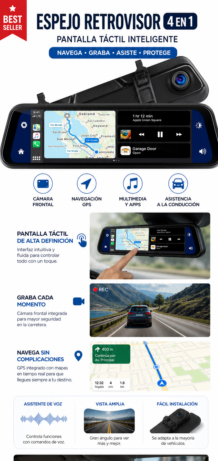 Espejo retrovisor 4 en 1 Pantalla Táctil